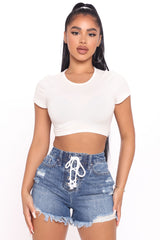 Up And At 'Em Lace Up Denim Shorts - Medium Blue Wash Ins Street