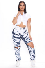 Stormy Clouds Stretch Tie Dye Mom Jeans - White/Blue Ins Street