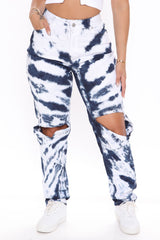 Stormy Clouds Stretch Tie Dye Mom Jeans - White/Blue Ins Street