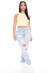 Favorite Getaway Destroyed Straight Leg Jeans - Light Blue Wash Ins Street