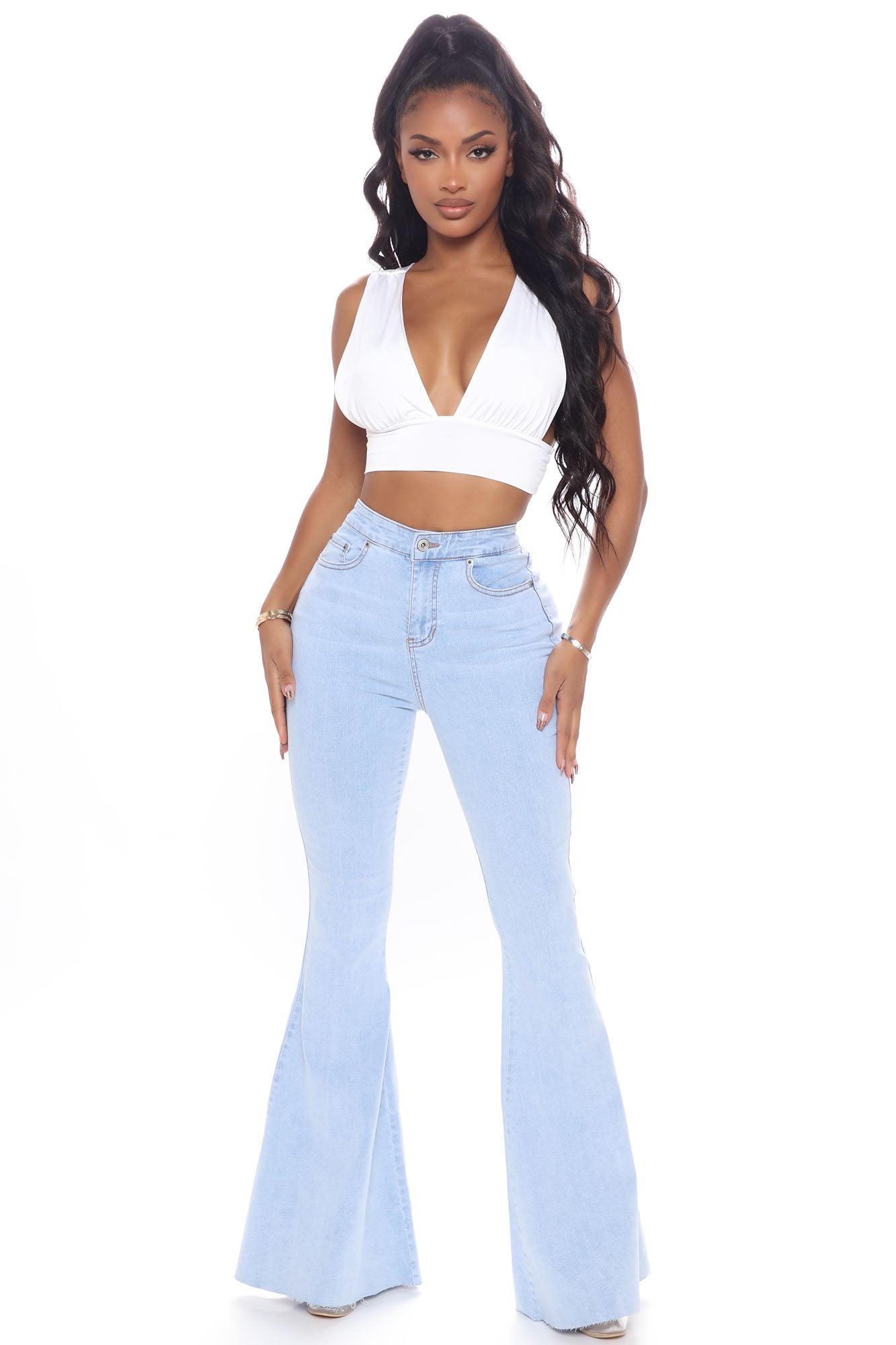 Feelin' Good Lace Up Stretch Flare Jeans - Light Blue Wash Ins Street
