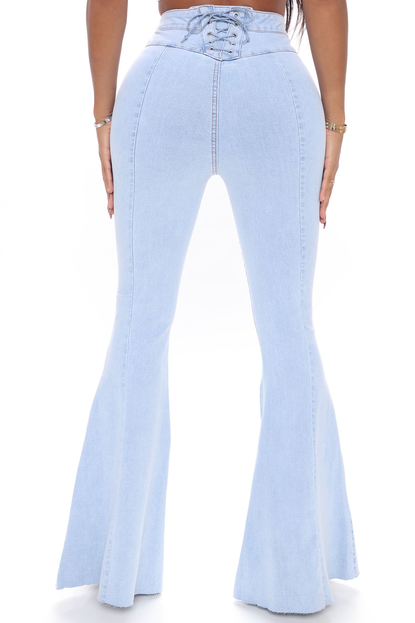 Feelin' Good Lace Up Stretch Flare Jeans - Light Blue Wash Ins Street