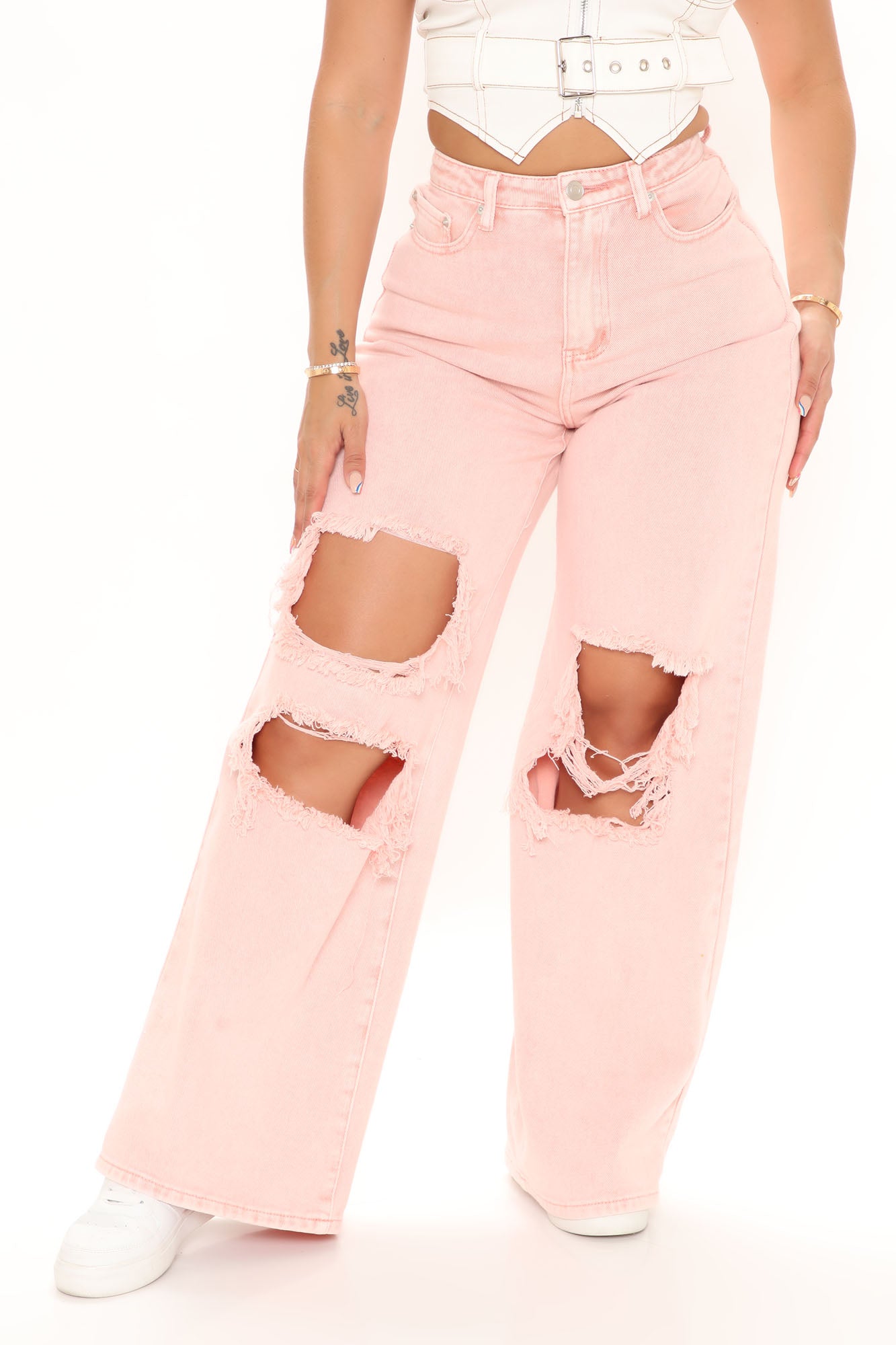 One Woman Show Distressed Wide Leg Jeans - Pink Ins Street