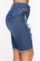 See Me Now Distressed Bermuda Shorts - Medium Blue Wash Ins Street