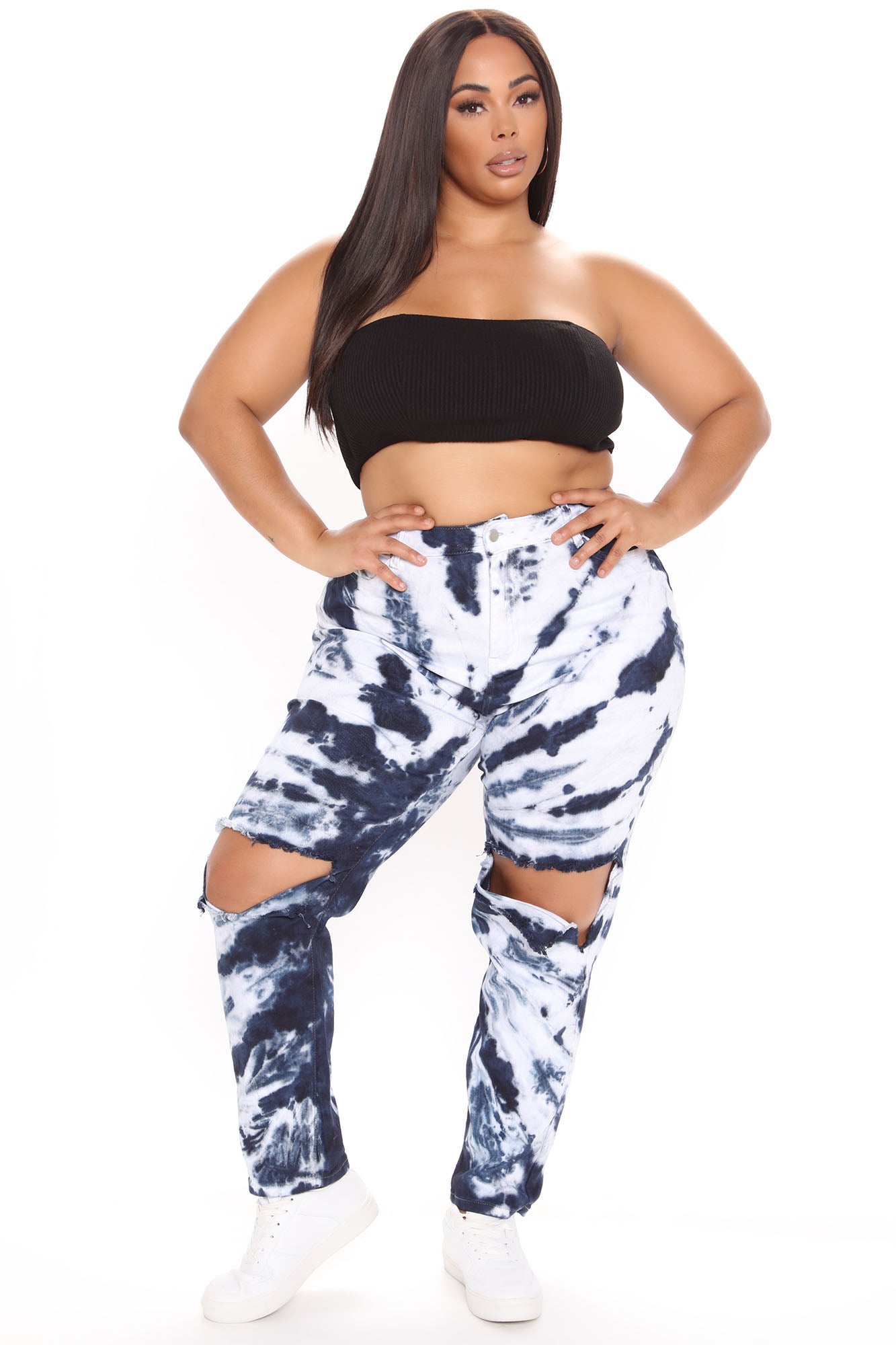 Stormy Clouds Stretch Tie Dye Mom Jeans - White/Blue Ins Street