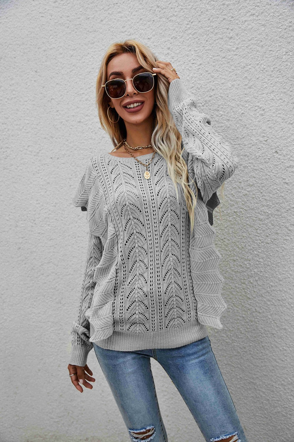 Openwork Round Neck Ruffled Sweater Ins Street