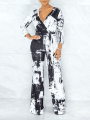 Tie-Dye V-Neck Long Sleeve Belt Wide Leg Jumpsuit Ins Street