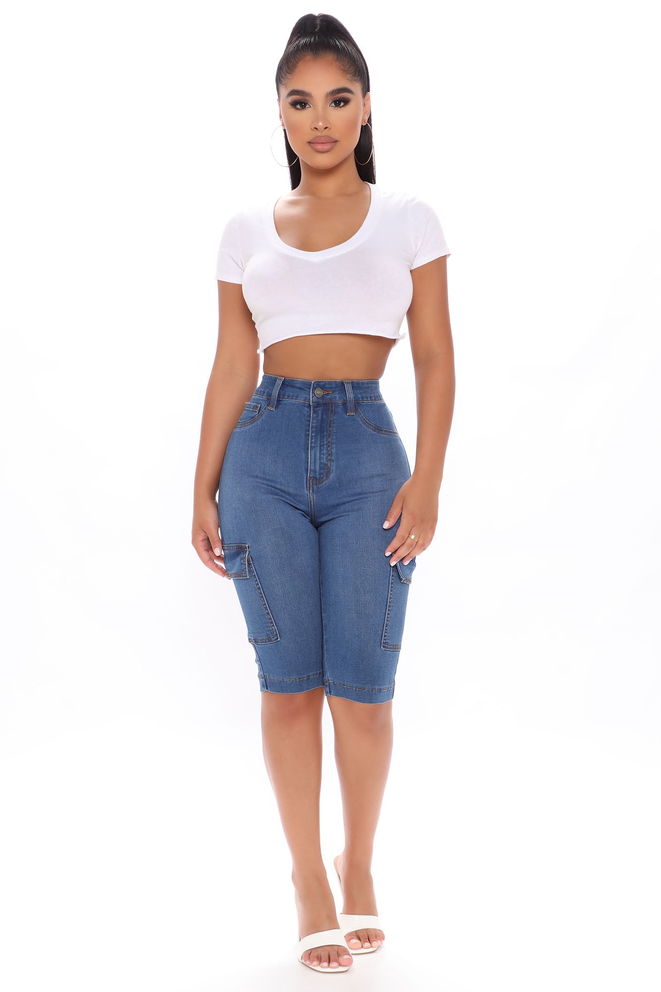 On A New Level Cargo Denim Shorts - Medium Blue Wash Ins Street