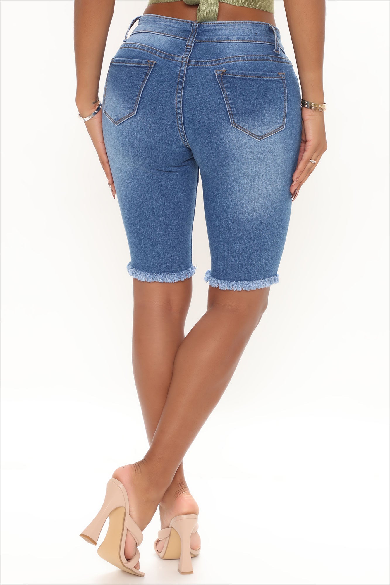 City Slicker Distressed Denim Bermuda Shorts - Medium Blue Wash Ins Street