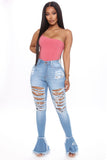 Fray What You Mean Flare Leg Jeans - Medium Blue Wash