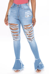 Fray What You Mean Flare Leg Jeans - Medium Blue Wash Ins Street