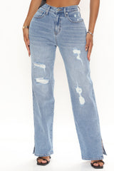 Don't Give A Slit Ripped Straight Leg Jeans - Medium Blue Wash Ins Street
