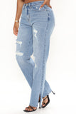 Don't Give A Slit Ripped Straight Leg Jeans - Medium Blue Wash