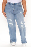 Don't Give A Slit Ripped Straight Leg Jeans - Medium Blue Wash Ins Street