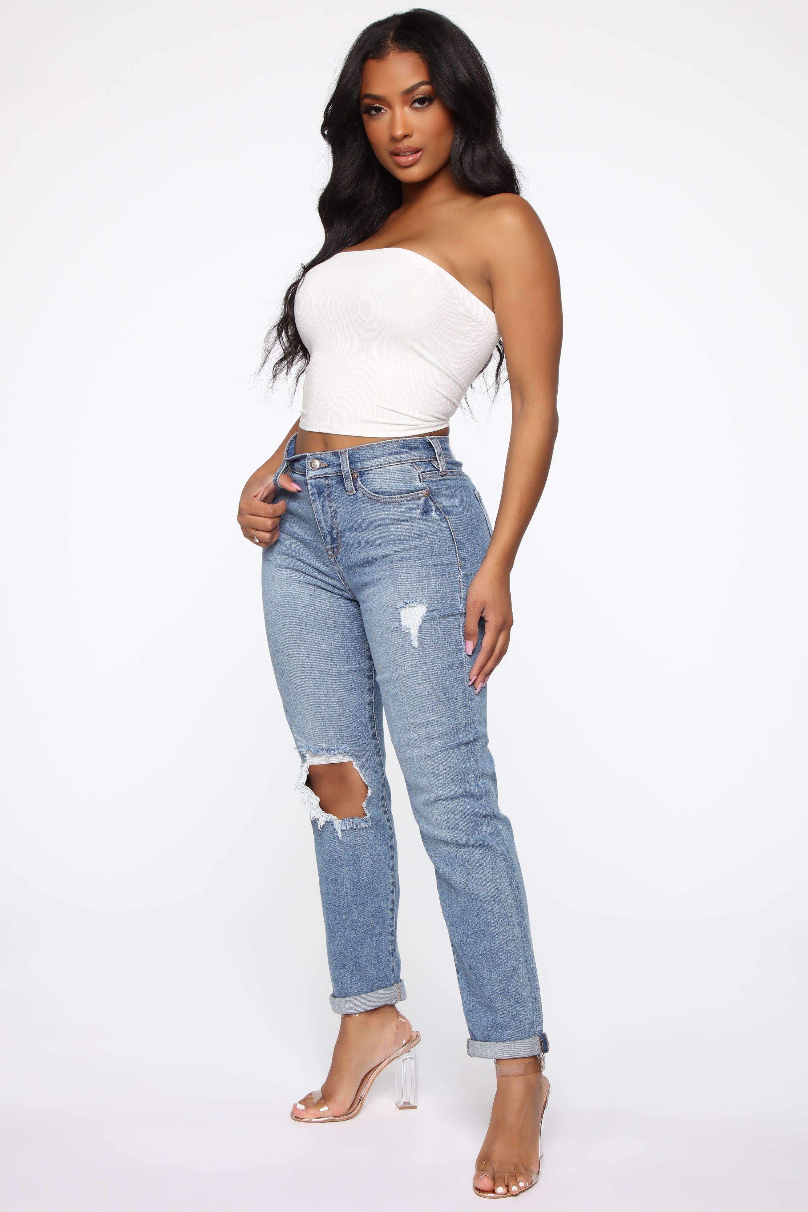 Need A New High Rise Mom Jeans - Medium Blue Wash Ins Street