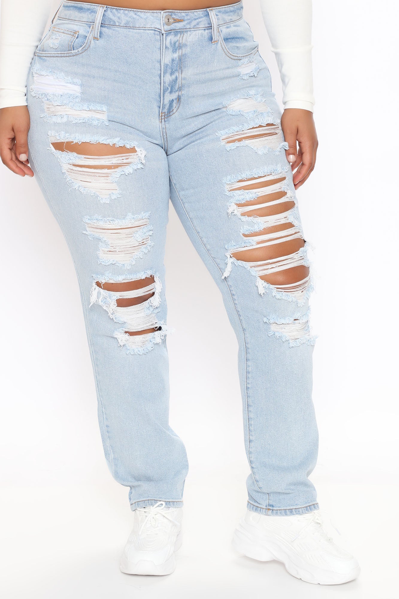 Favorite Getaway Destroyed Straight Leg Jeans - Light Blue Wash Ins Street