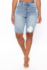 Kick It Into Gear Denim Biker Shorts - Light Blue Wash Ins Street