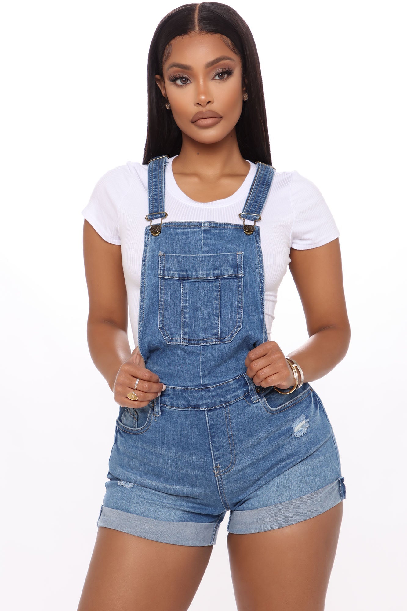 Waitin' On You Distressed Denim Shortalls - Medium Blue Wash Ins Street