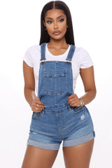 Waitin' On You Distressed Denim Shortalls - Medium Blue Wash Ins Street