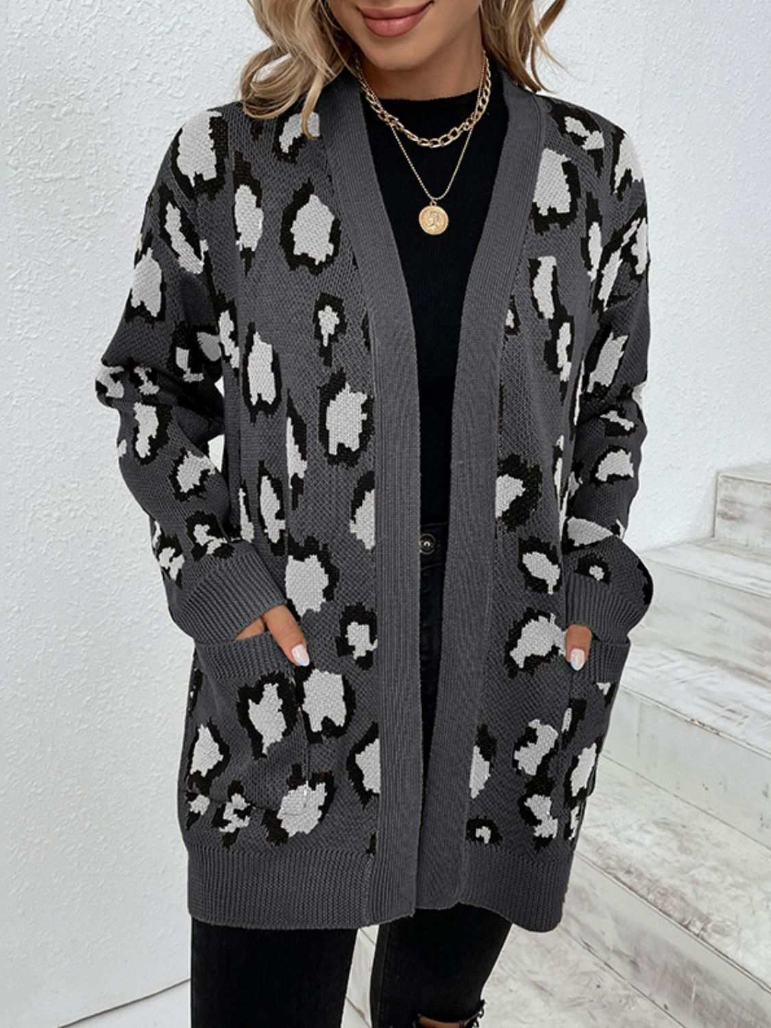 Leopard Print Ribbed Trim Dropped Shoulder Longline Cardigan Ins Street