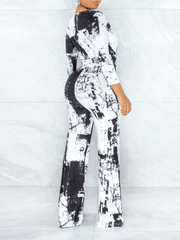 Tie-Dye V-Neck Long Sleeve Belt Wide Leg Jumpsuit Ins Street