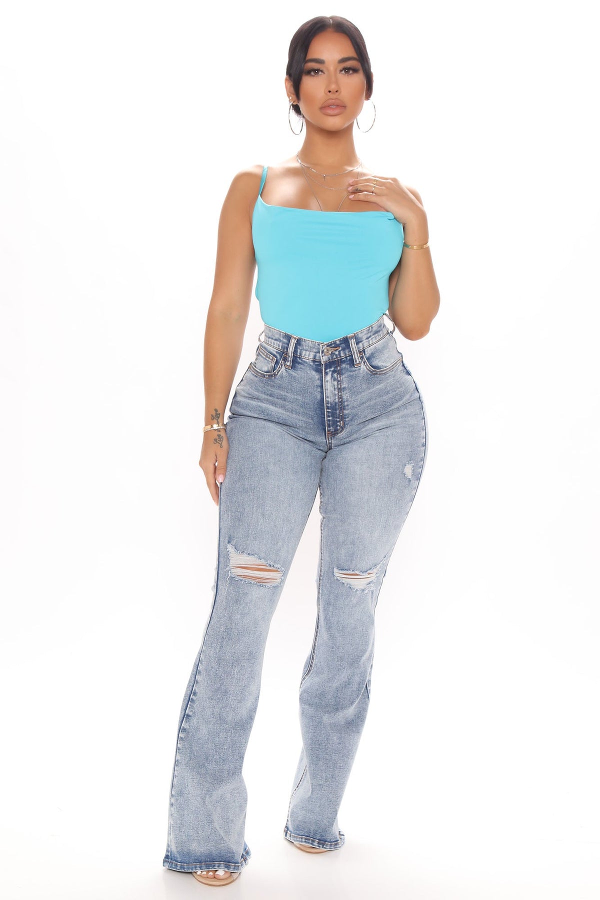 Curve Control Stretch Ripped Flare Jeans - Medium Blue Wash Ins Street