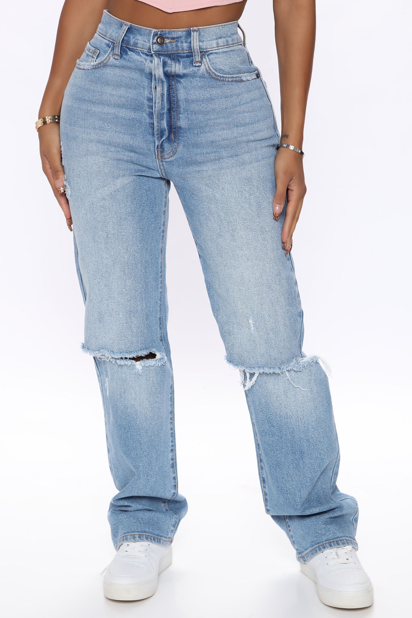 As You Please Ripped Straight Leg Jeans - Light Blue Wash Ins Street