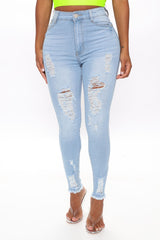 Kenley Distressed HIgh Rise Skinny Jeans - Light Blue Wash Ins Street