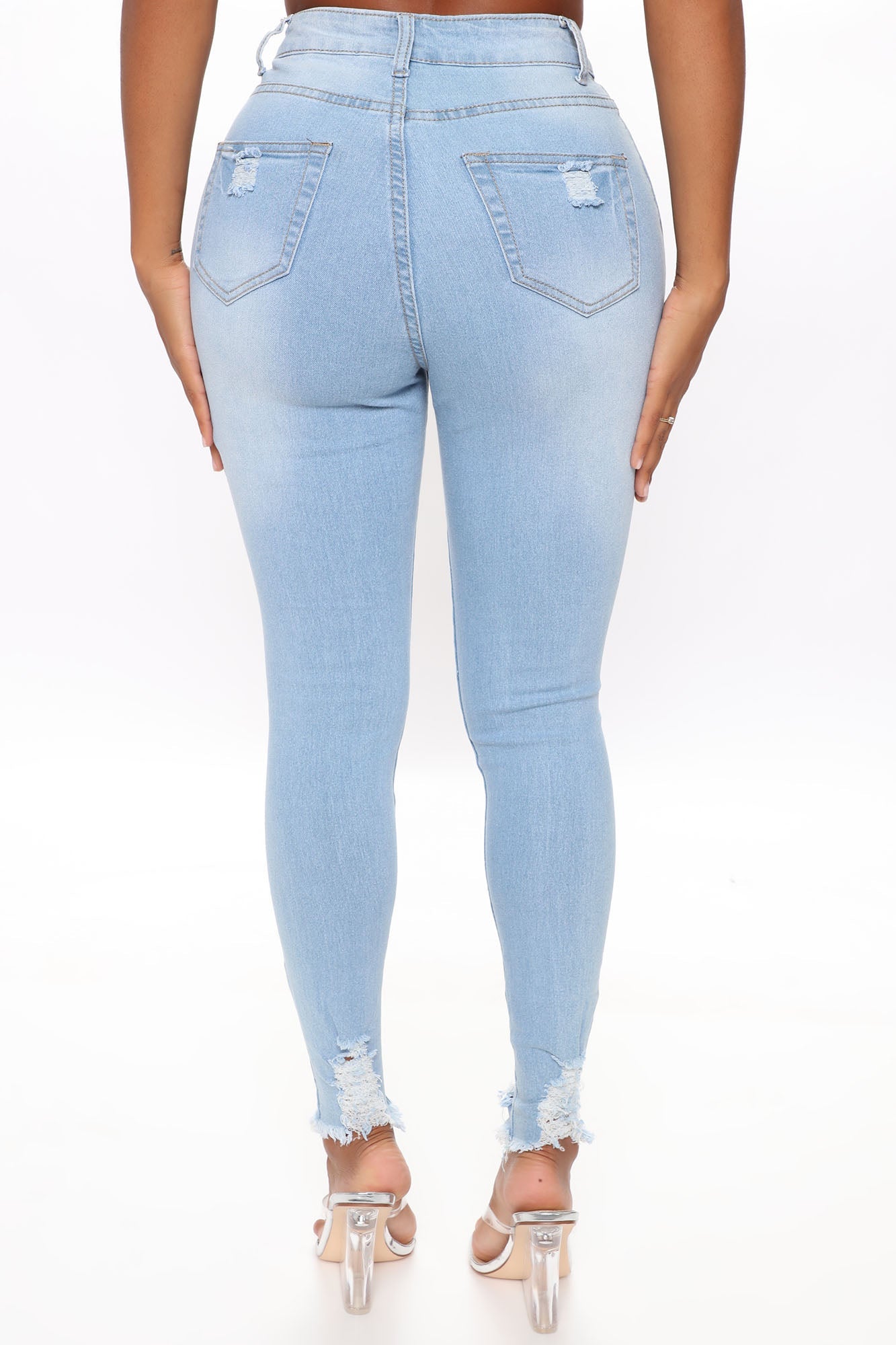 Kenley Distressed HIgh Rise Skinny Jeans - Light Blue Wash Ins Street