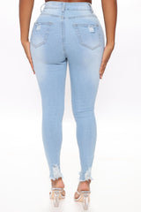 Kenley Distressed HIgh Rise Skinny Jeans - Light Blue Wash Ins Street