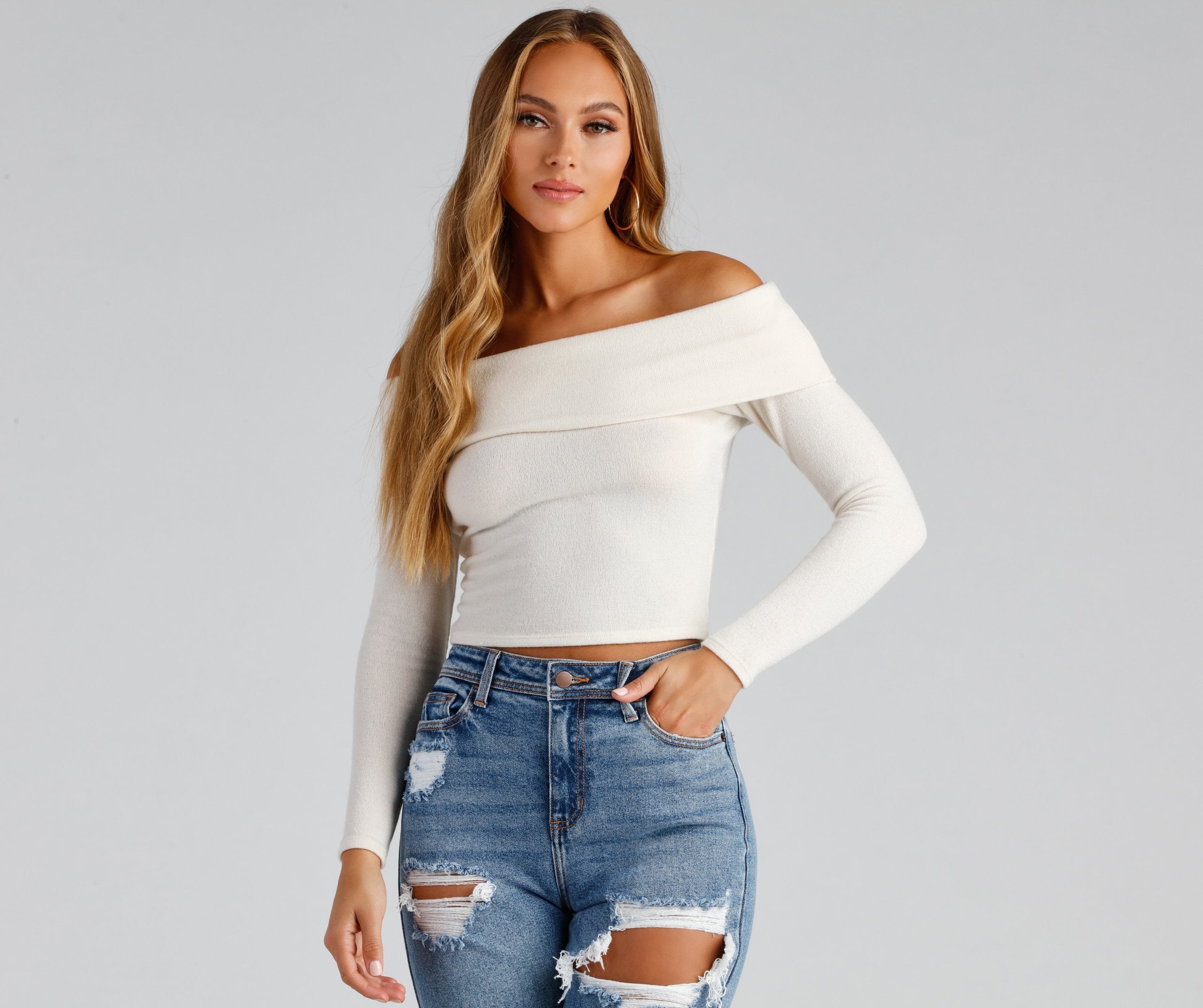 Cozy Knit Off-The-Shoulder Top ladies-street