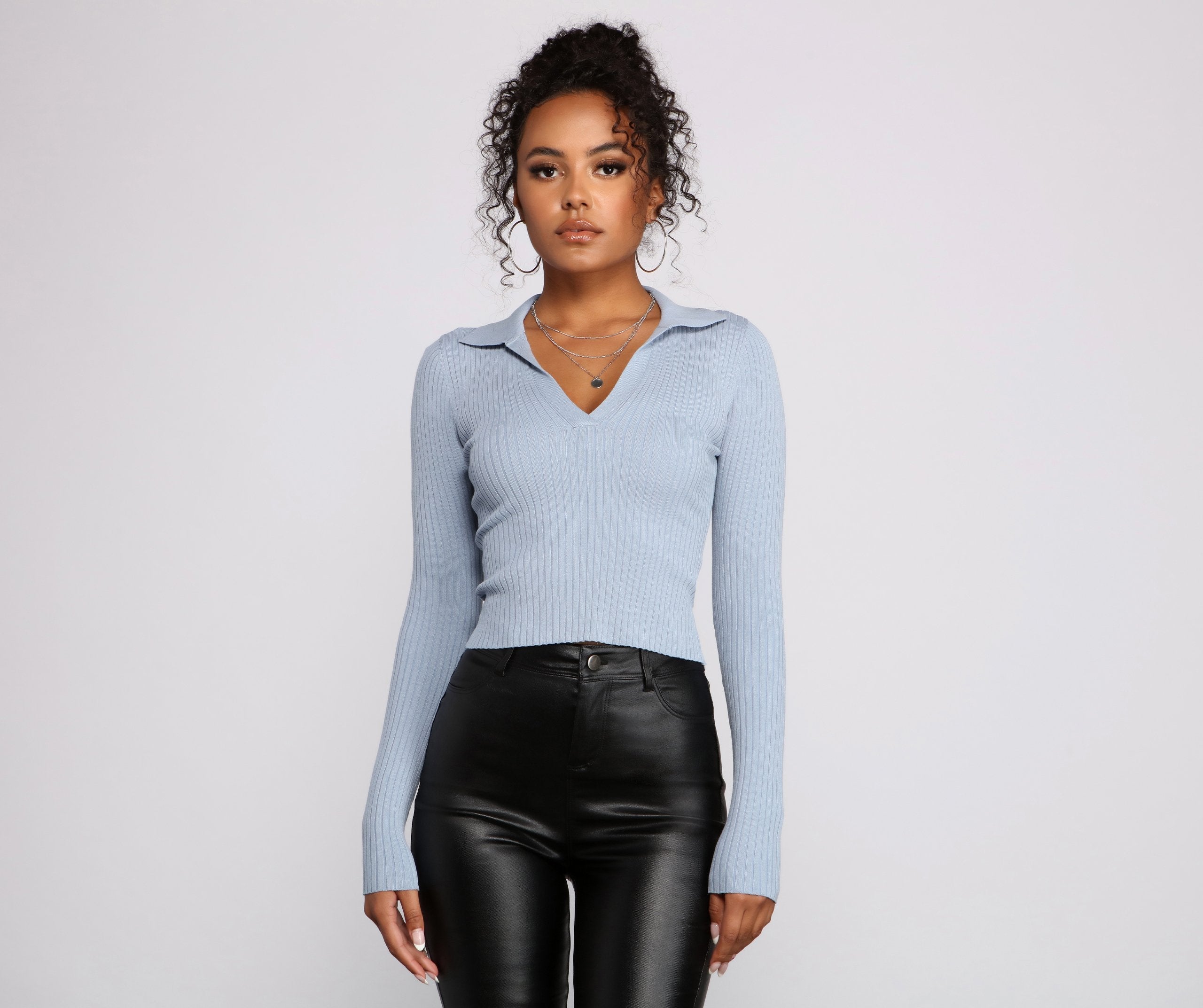 Collared and Chic Ribbed Top Ladies-street