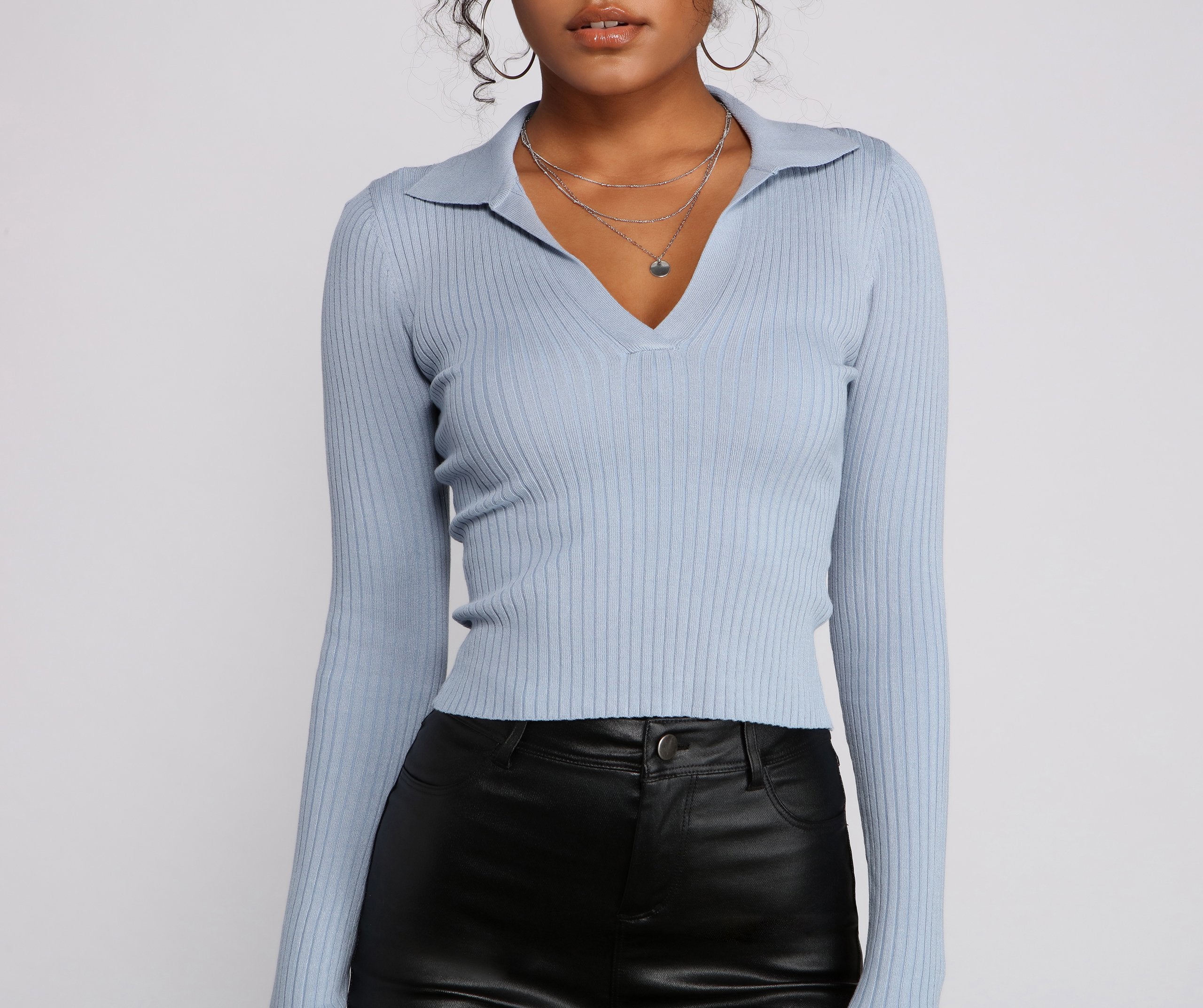 Collared and Chic Ribbed Top Ladies-street