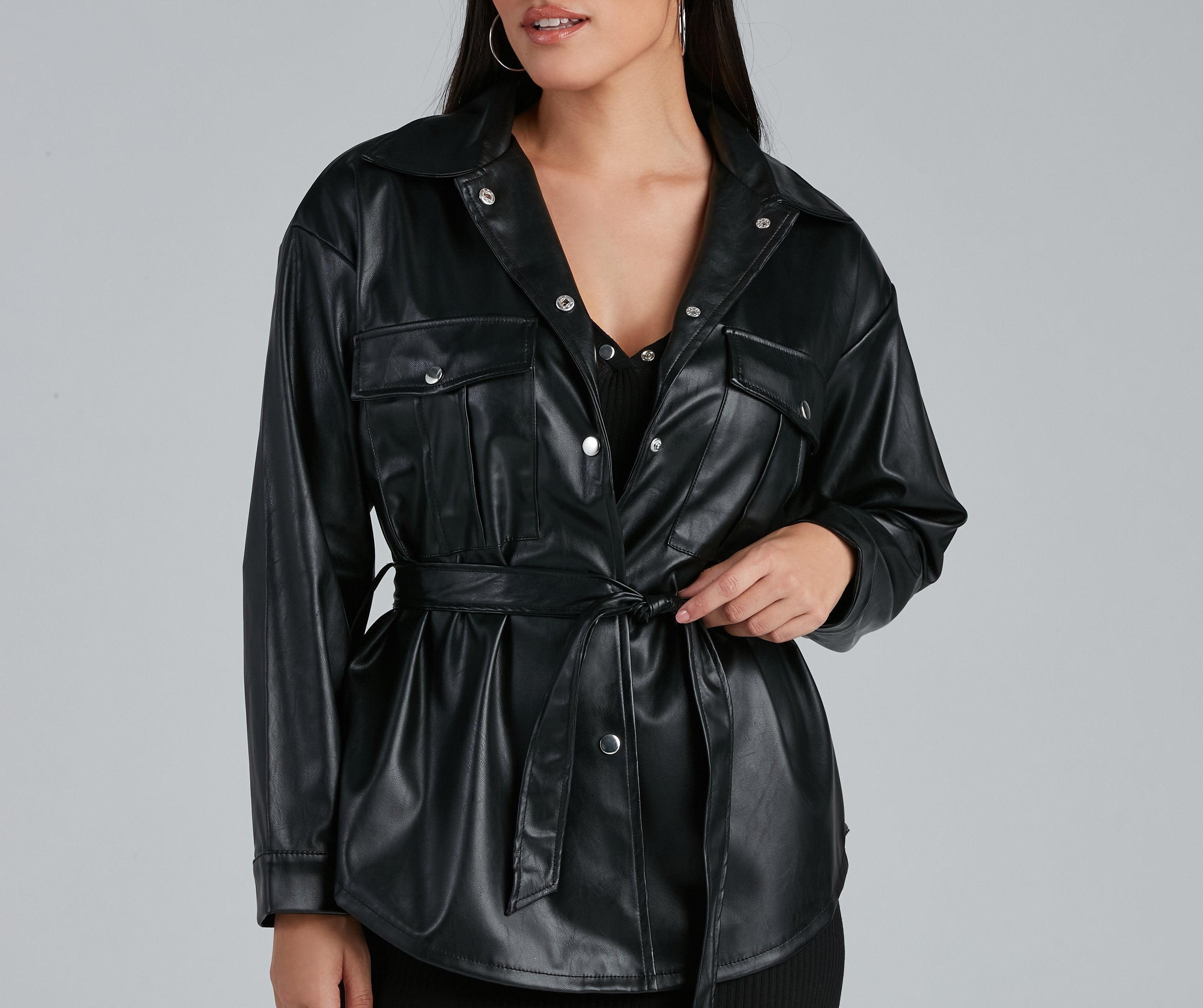 Sleek Trends Faux Leather Tie-Waist Shacket Ins Street