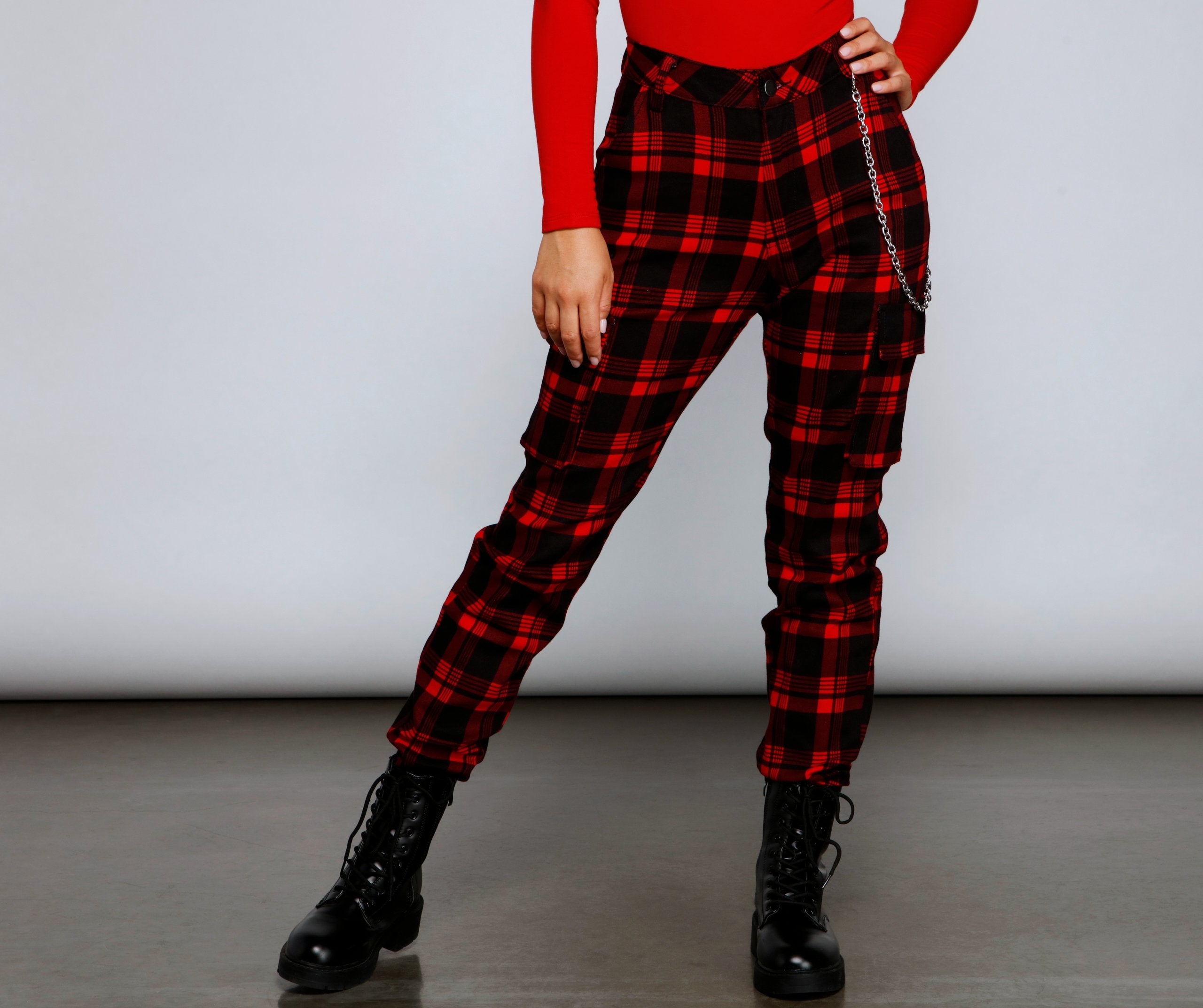 High Waist Plaid Joggers With Chain insstreet