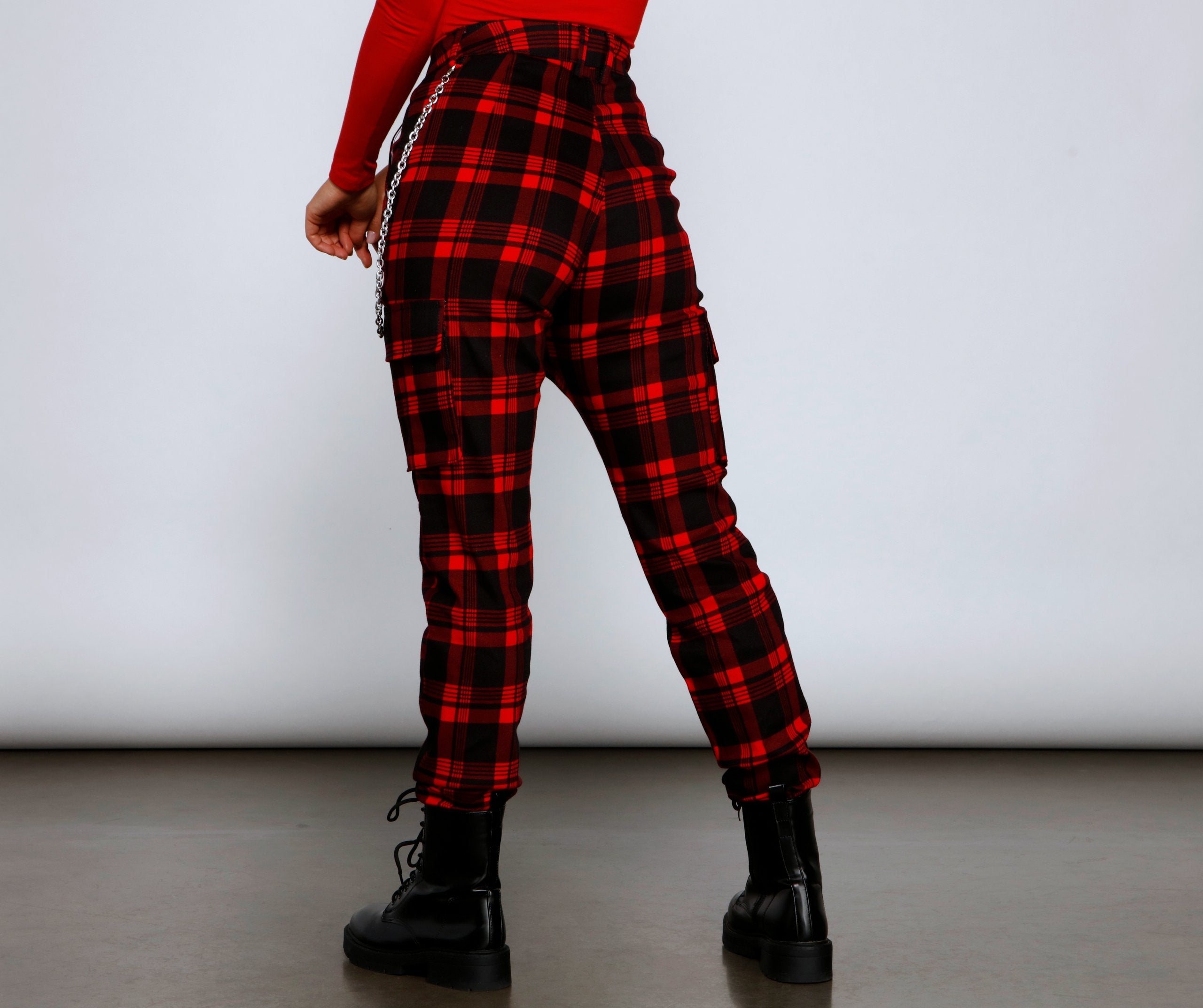 High Waist Plaid Joggers With Chain insstreet