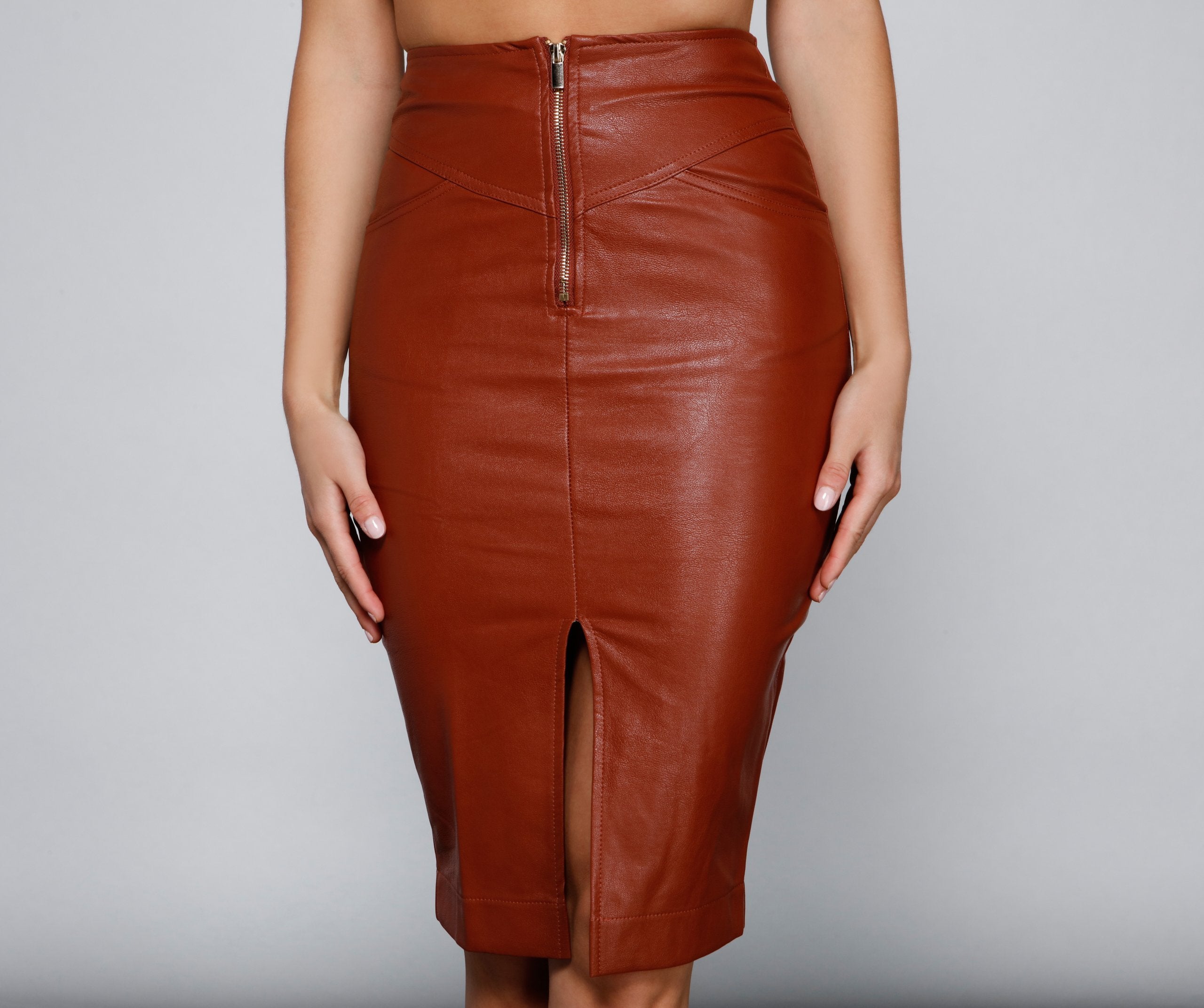 Sleek Style Faux Leather Midi Skirt Ins Street