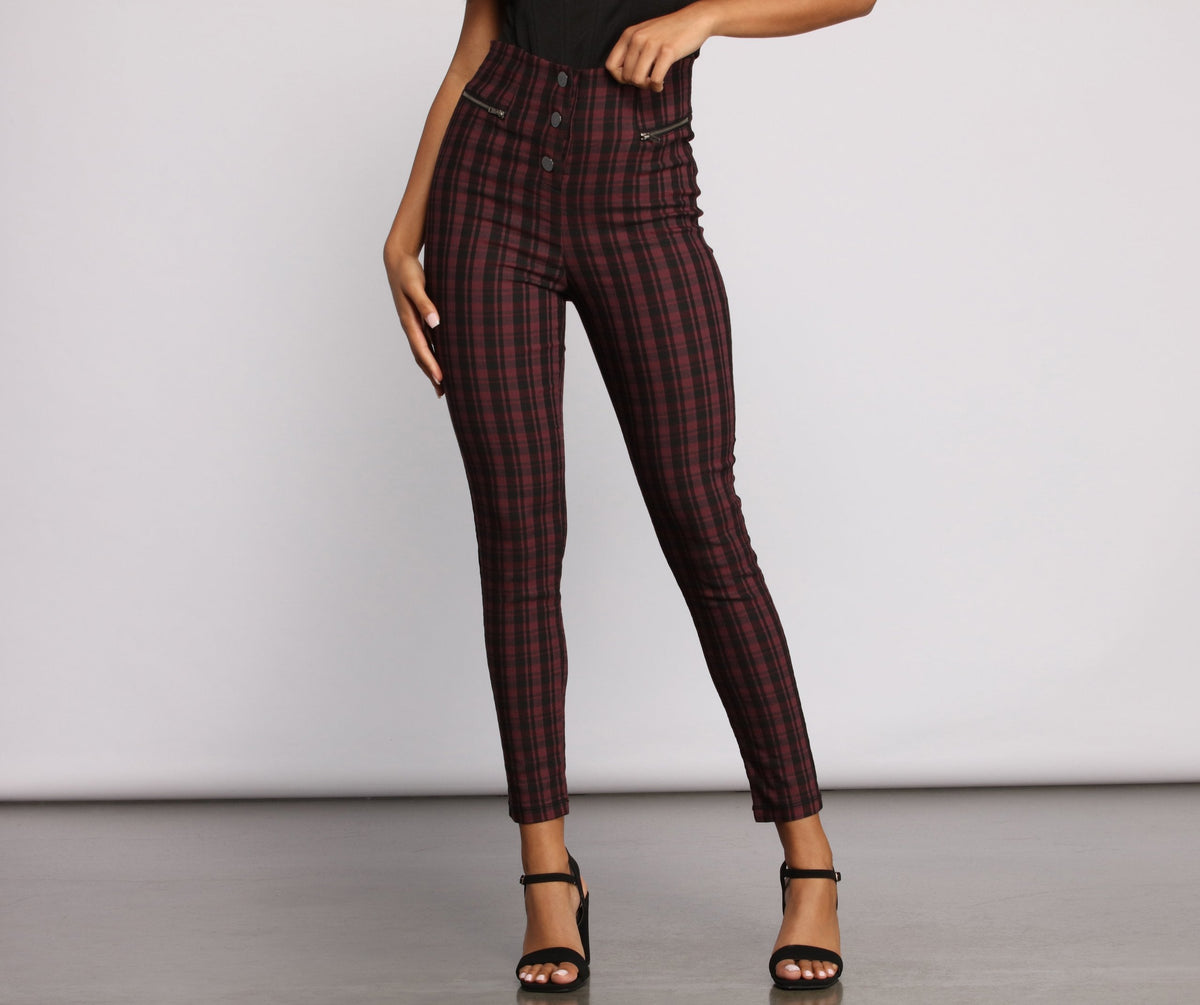 High Waist Snap Front Plaid Skinny Pants insstreet