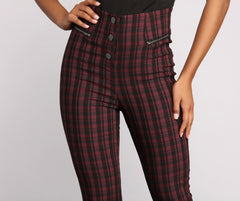 High Waist Snap Front Plaid Skinny Pants insstreet