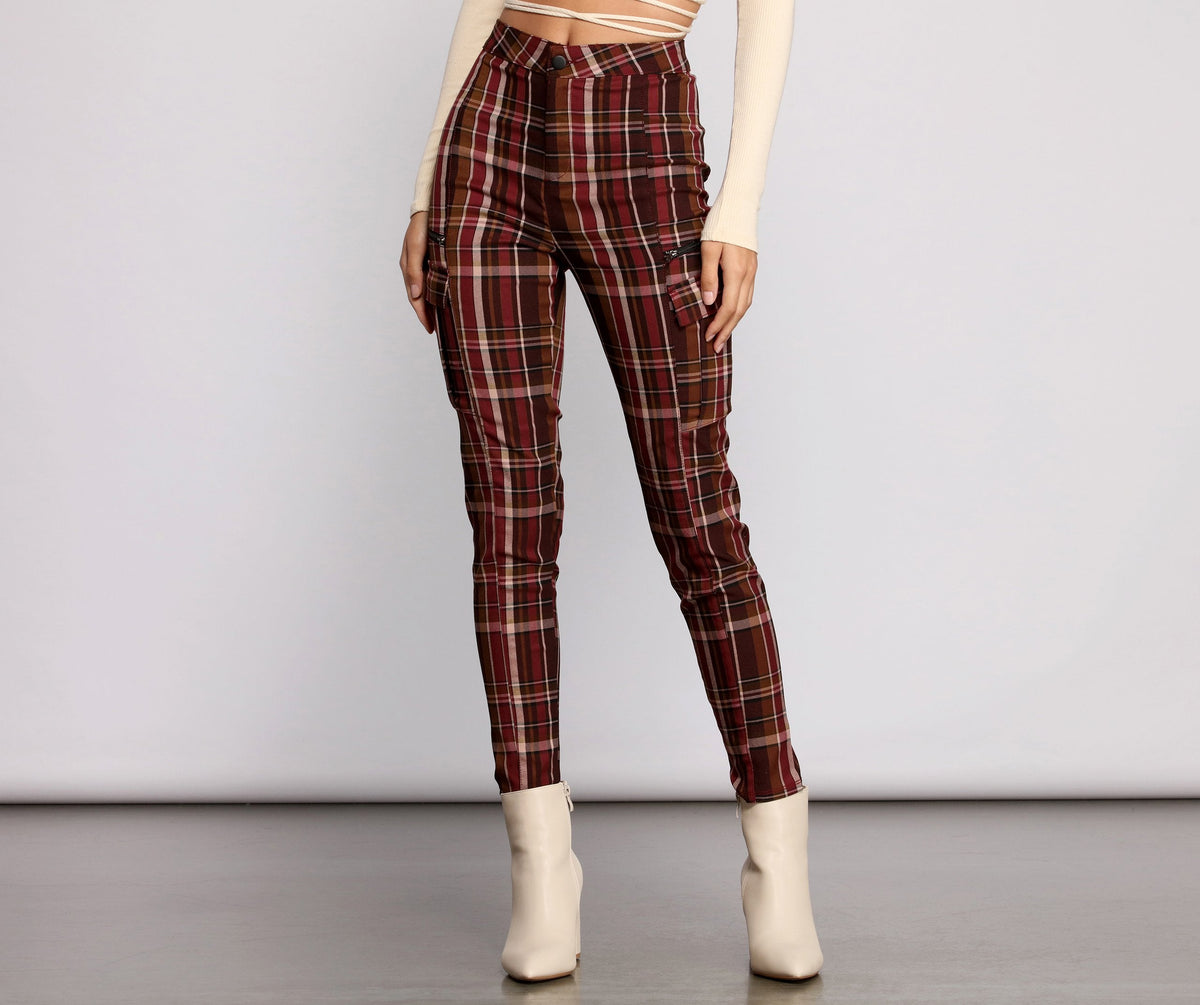 High Waist Plaid Cargo Skinny Pants insstreet