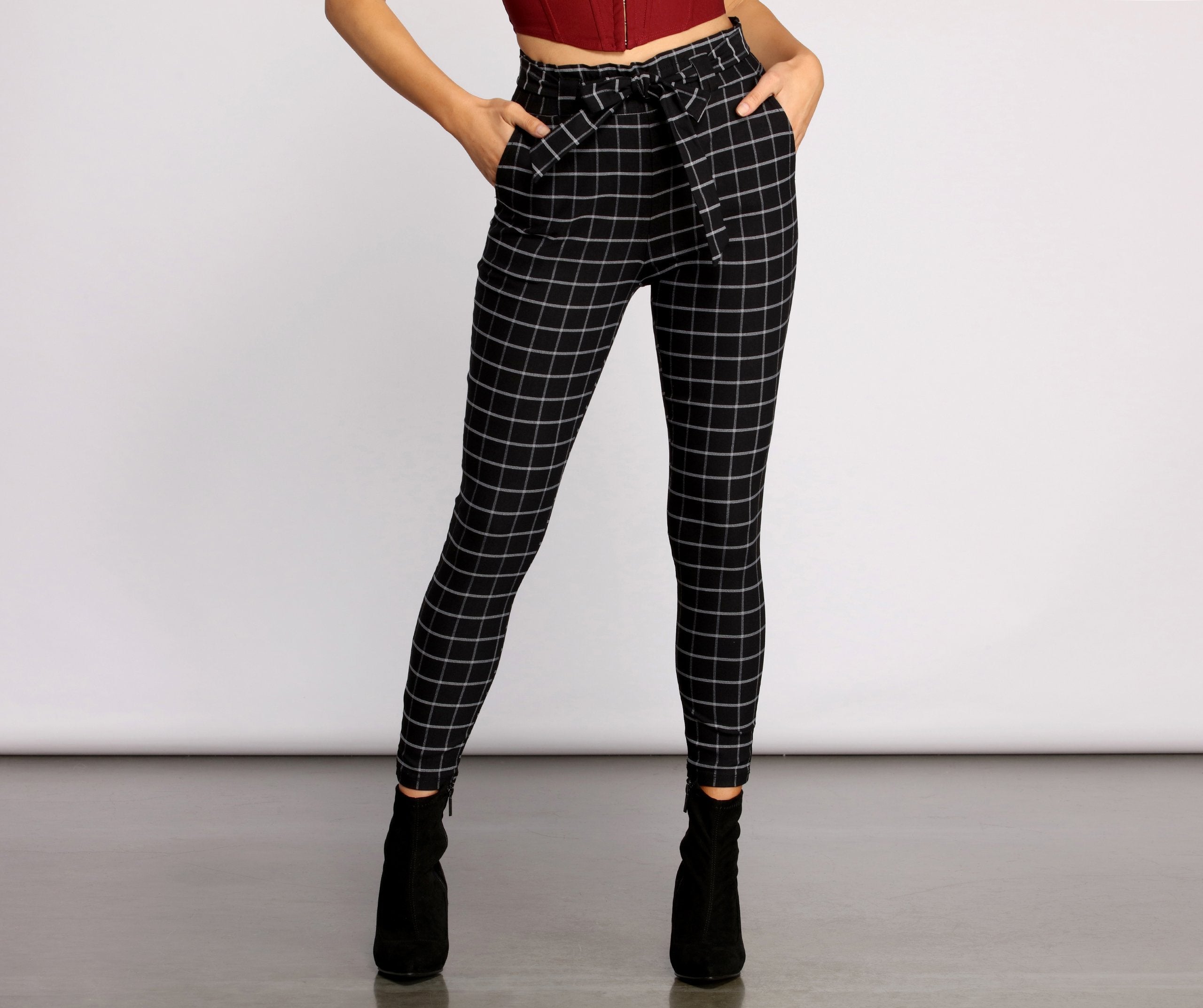 High Waist Paperbag Window Pane Pants insstreet