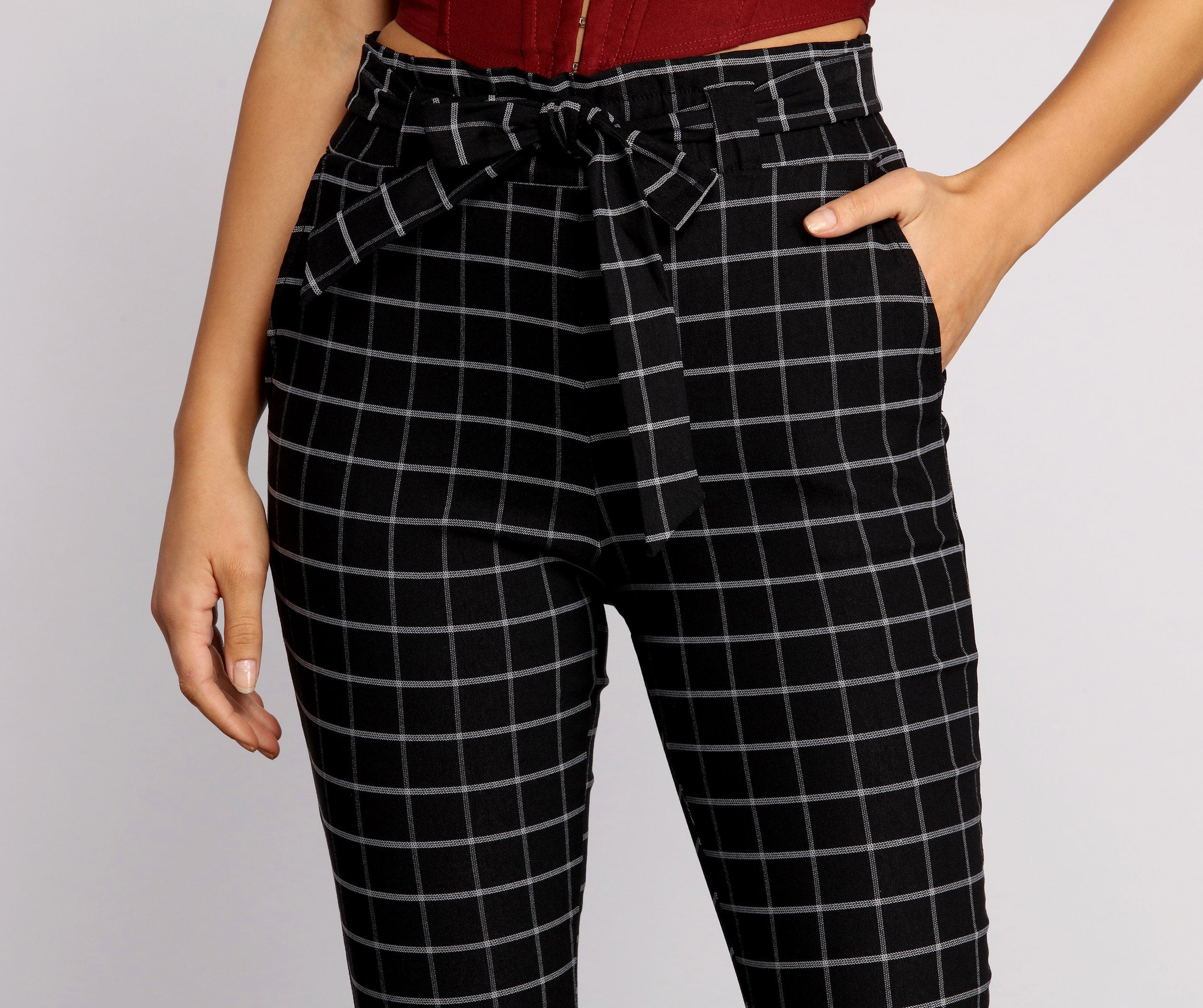 High Waist Paperbag Window Pane Pants insstreet