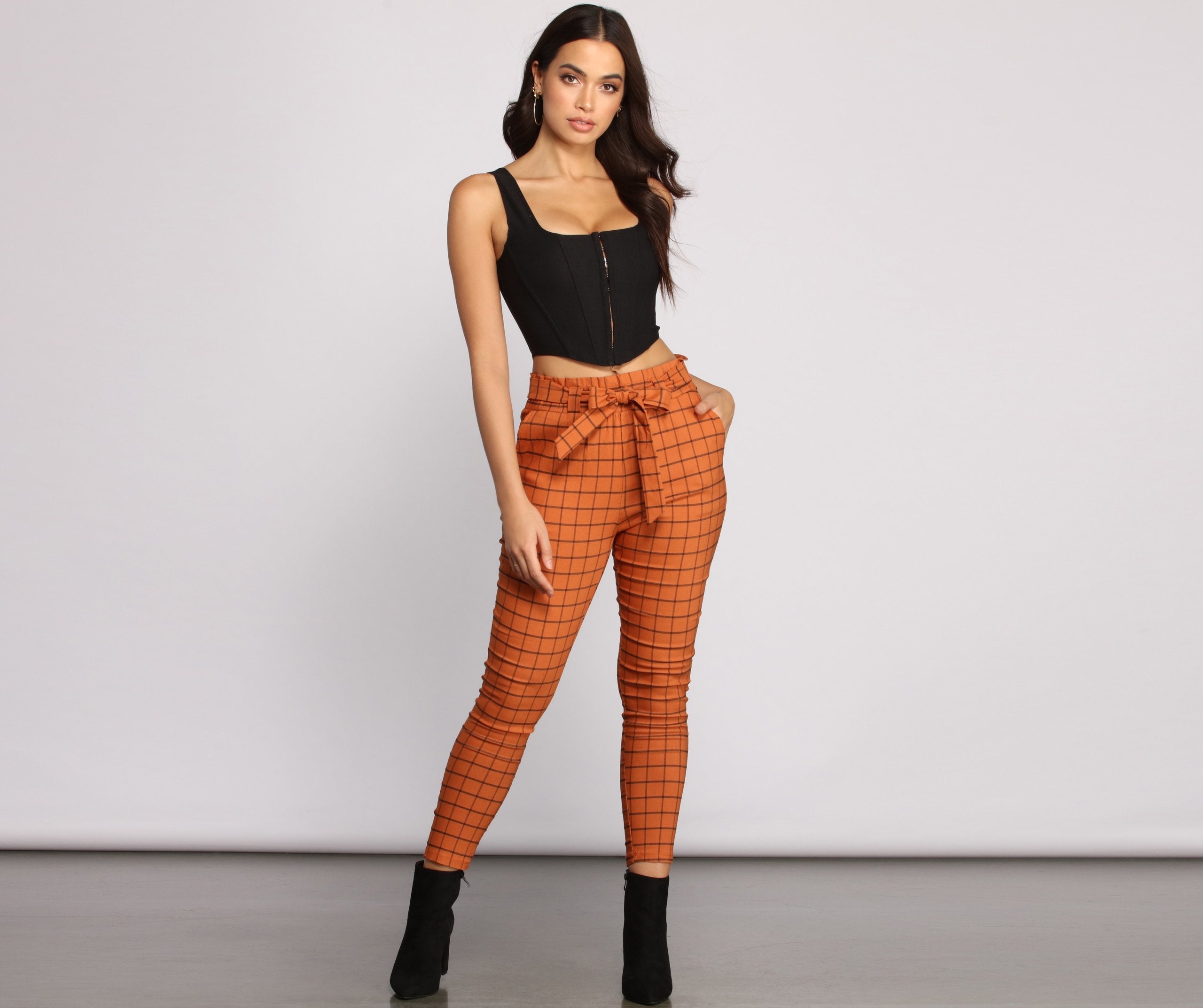 High Waist Paperbag Window Pane Pants insstreet