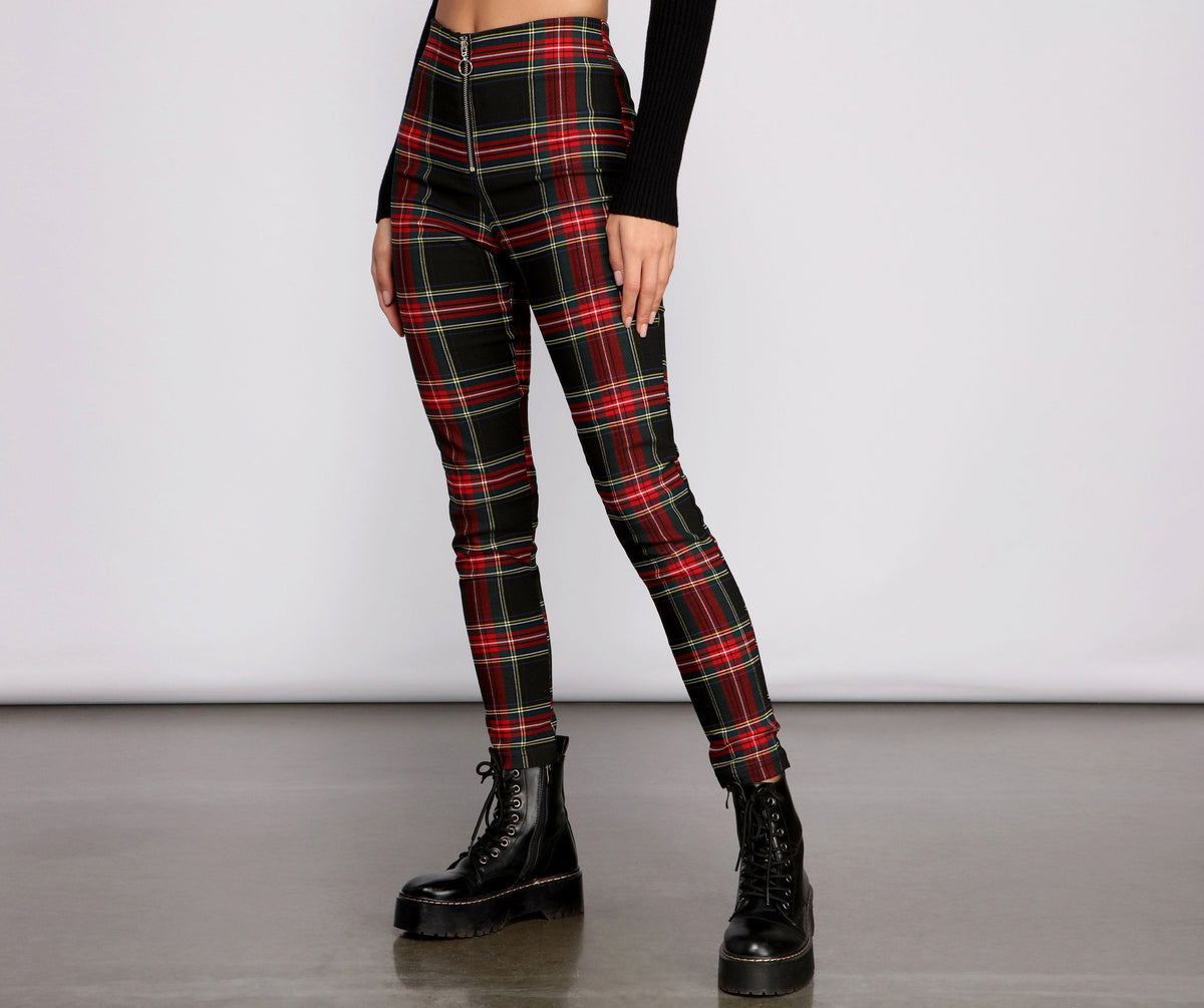 High Waist Plaid Zip Front Pants insstreet