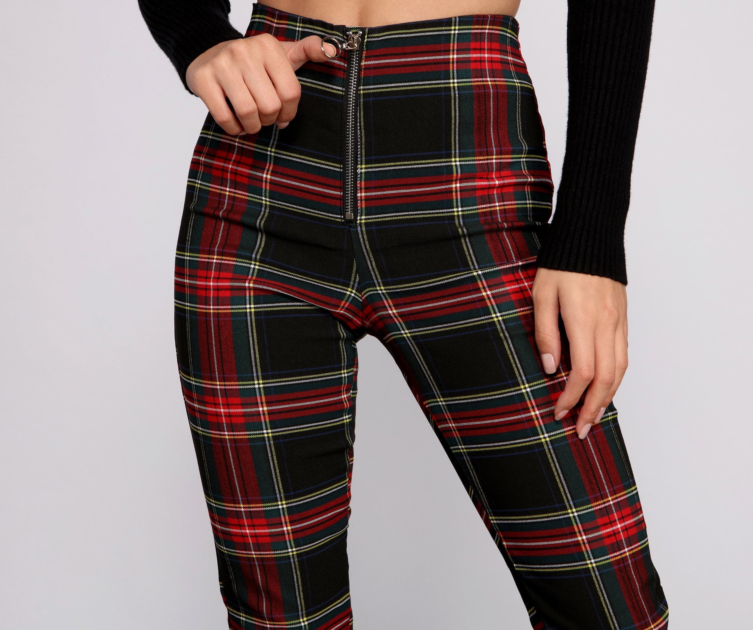 High Waist Plaid Zip Front Pants insstreet