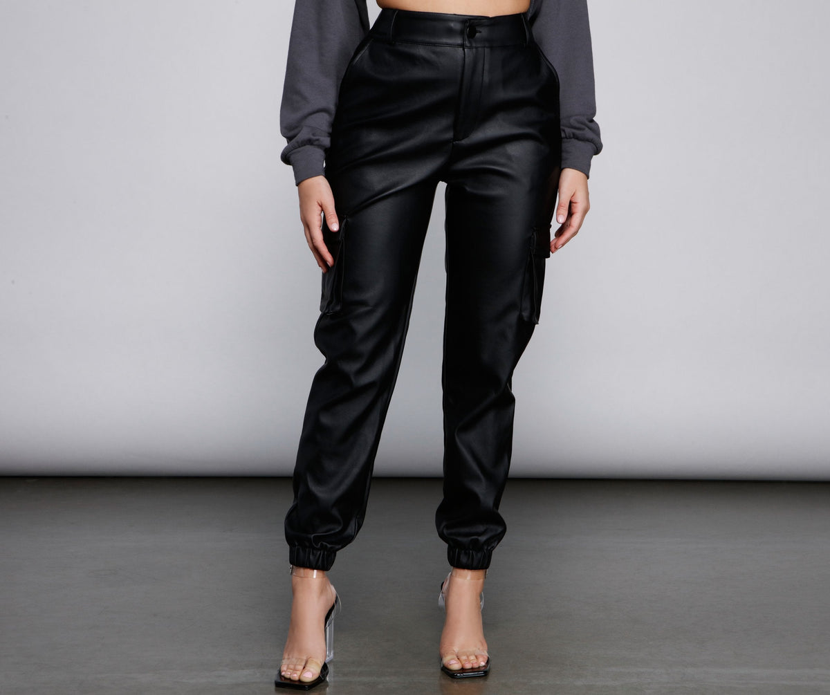 High Waist Faux Leather Cargo Pants insstreet