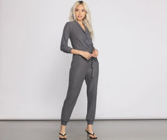 Cozy and Chic Ribbed Surplice Jogger Jumpsuit Ins Street