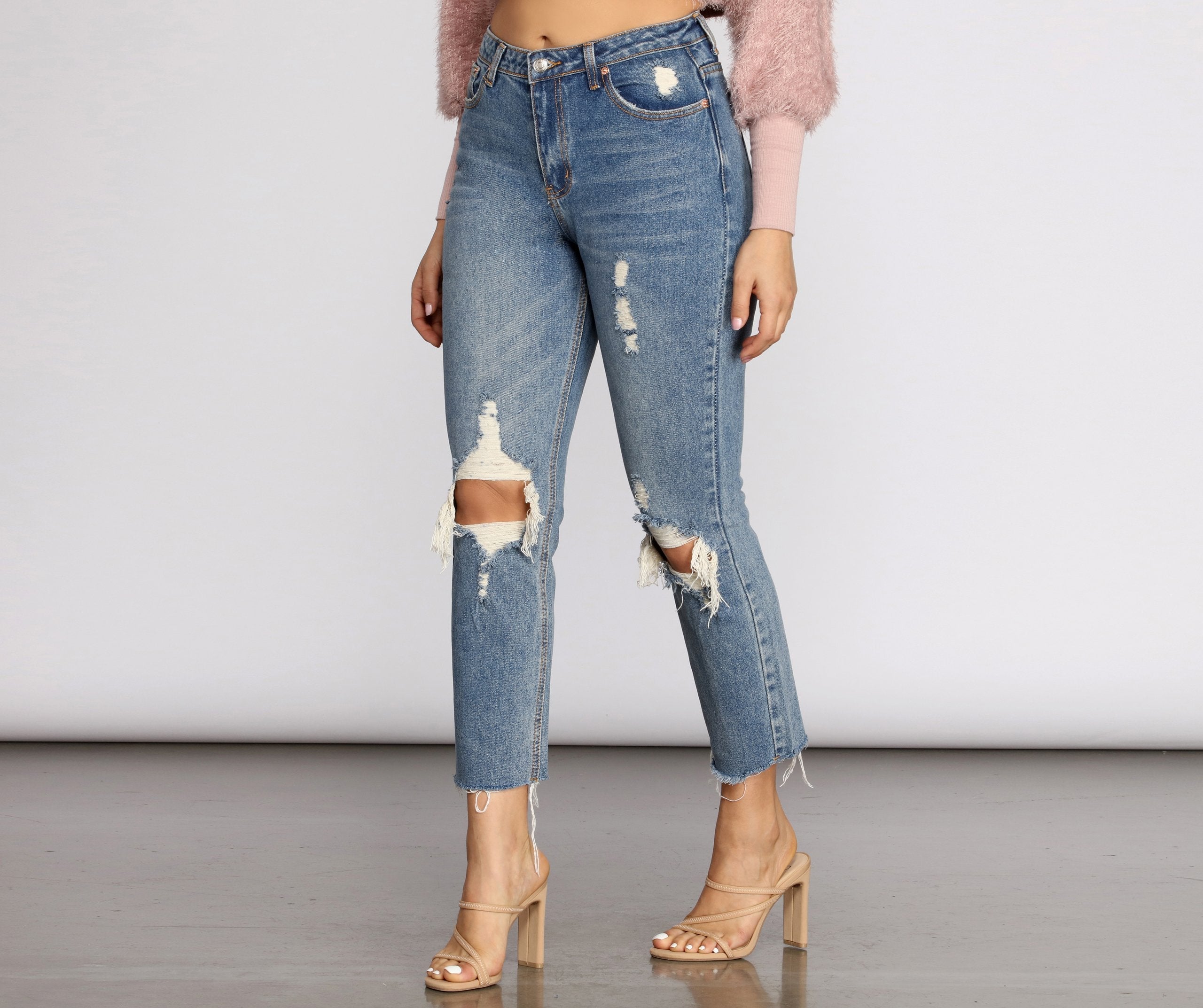 High Waist Distressed Denim Pants insstreet