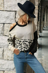 Leopard Color Block Cold-Shoulder Sweater Ins Street