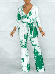 Tie-Dye V-Neck Long Sleeve Belt Wide Leg Jumpsuit Ins Street